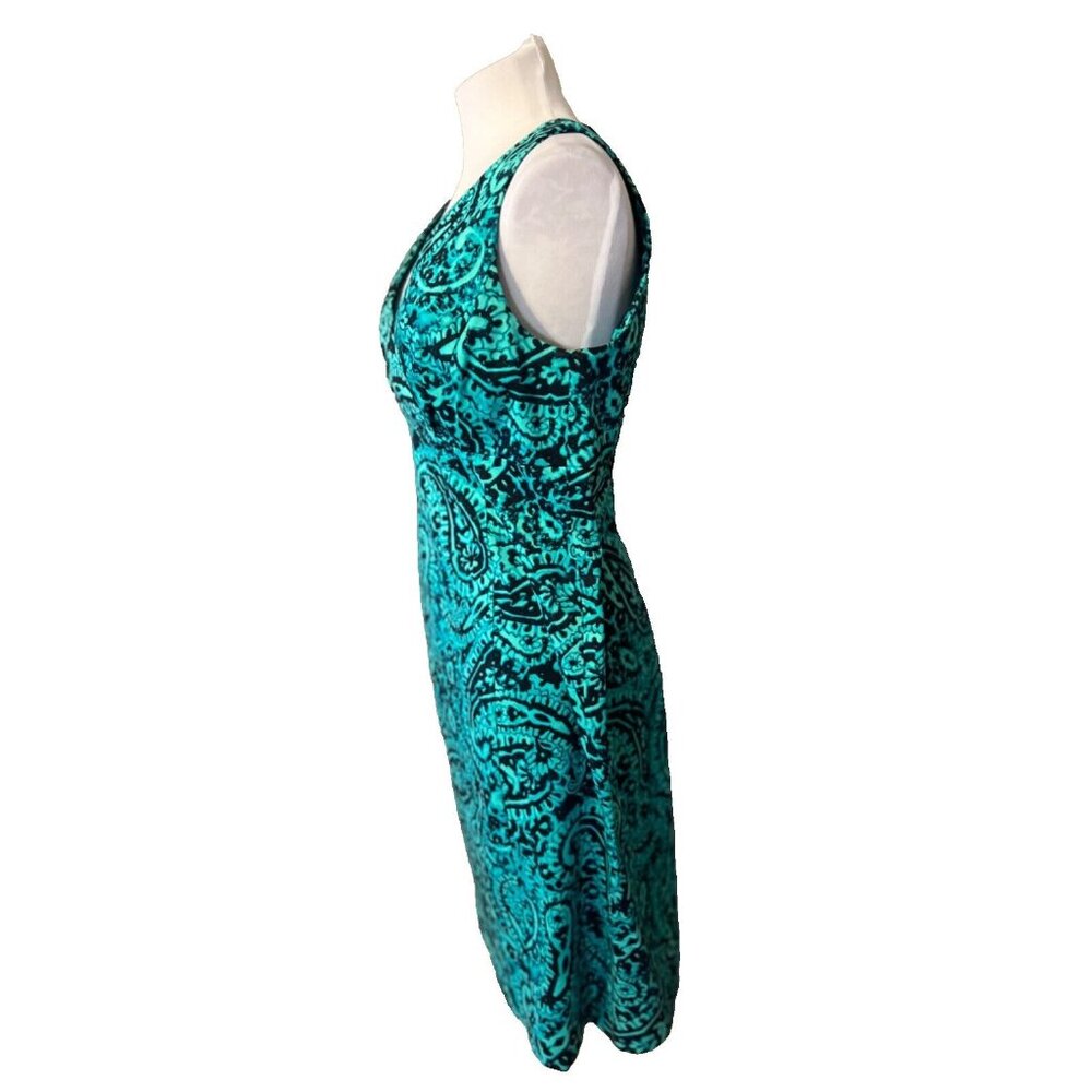 Jones New York Dress 10 Stretch Cotton Sheath Green Blue Paisley Washable - Picture 9 of 12